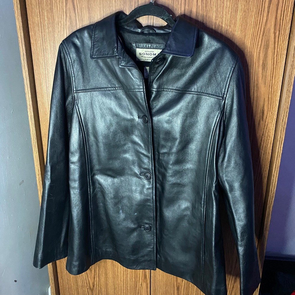 Sonoma Leather Jacket Womens Large Black Lambskin Button Front Blazer Style
